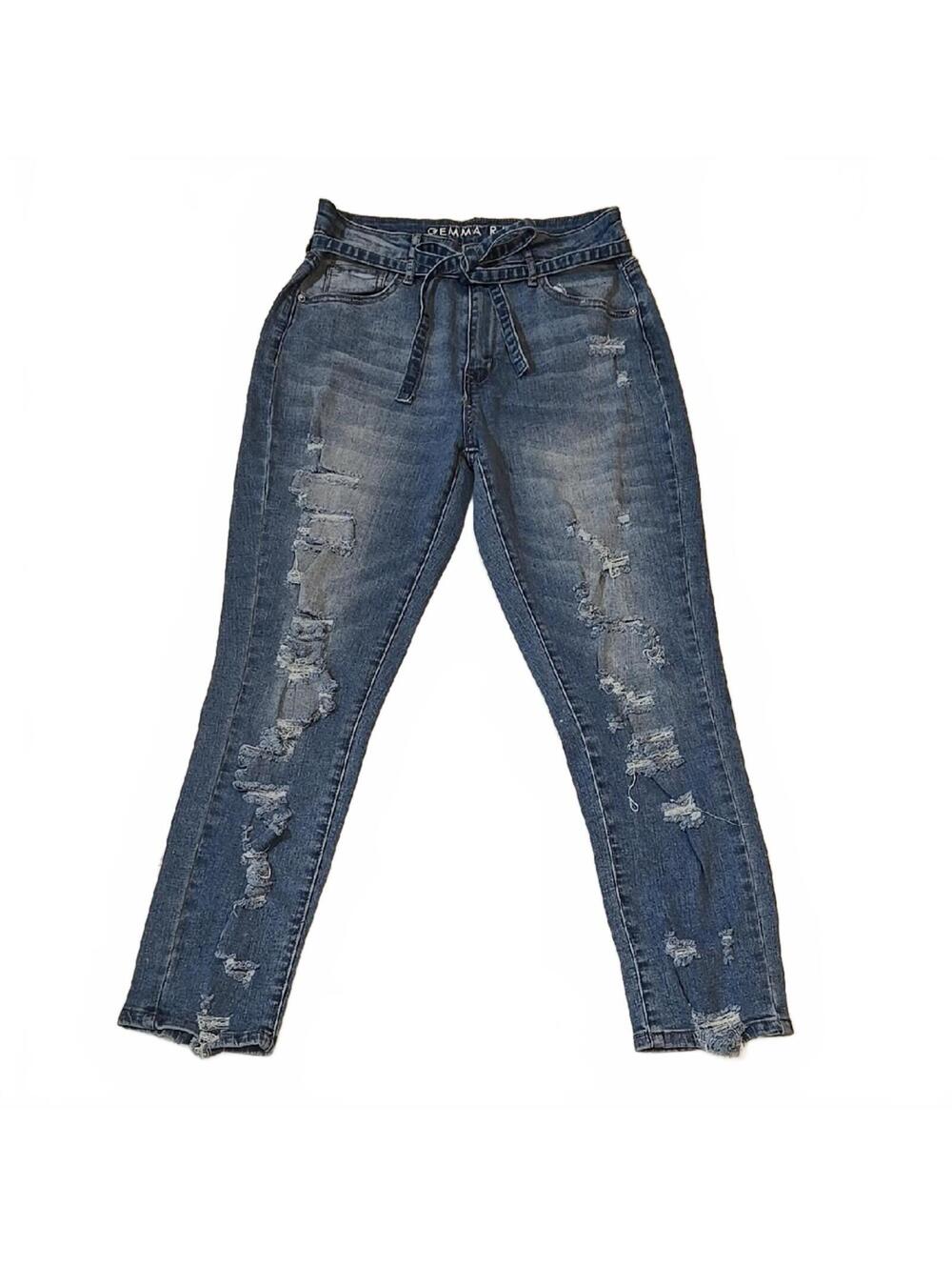 Gemma Rae Blue Skinny Distressed Jeans with Raw Hem & Belt Size 5
